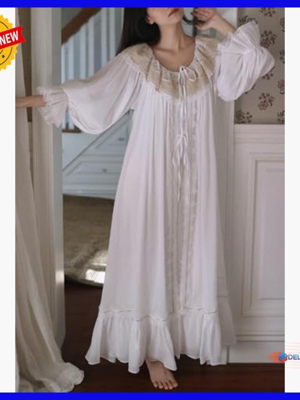 Small Cotton Victorian Nightgown Robe Set Built-in Bra Lace Collar - Picture 2 of 7